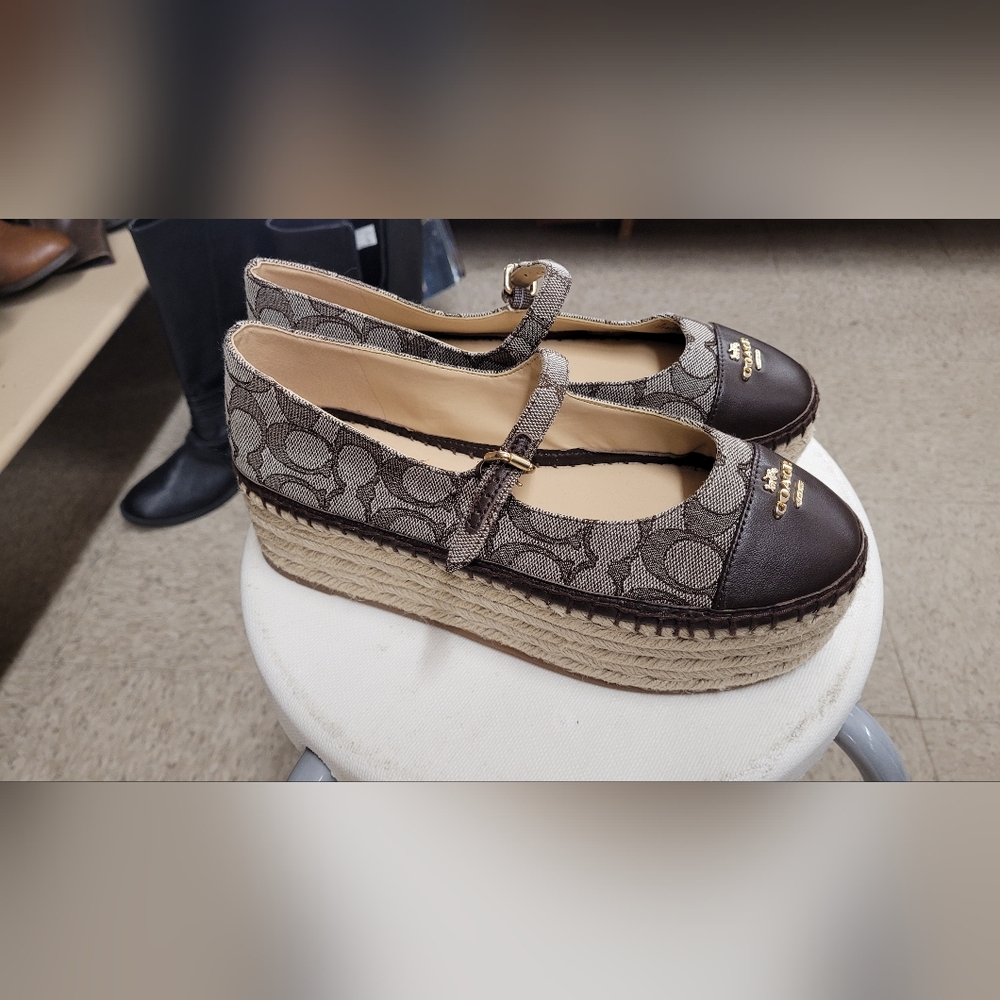 Coach Brown Signature Canvas Mary Jane Espadrille Platform Sneakers
